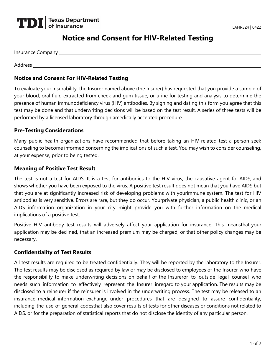 Form LAHR324 Notice and Consent for HIV-Related Testing - Texas, Page 1