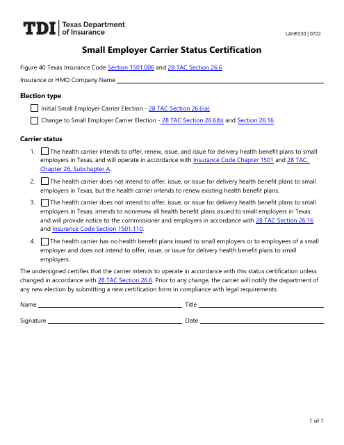Form LAHR330 Small Employer Carrier Status Certification - Texas