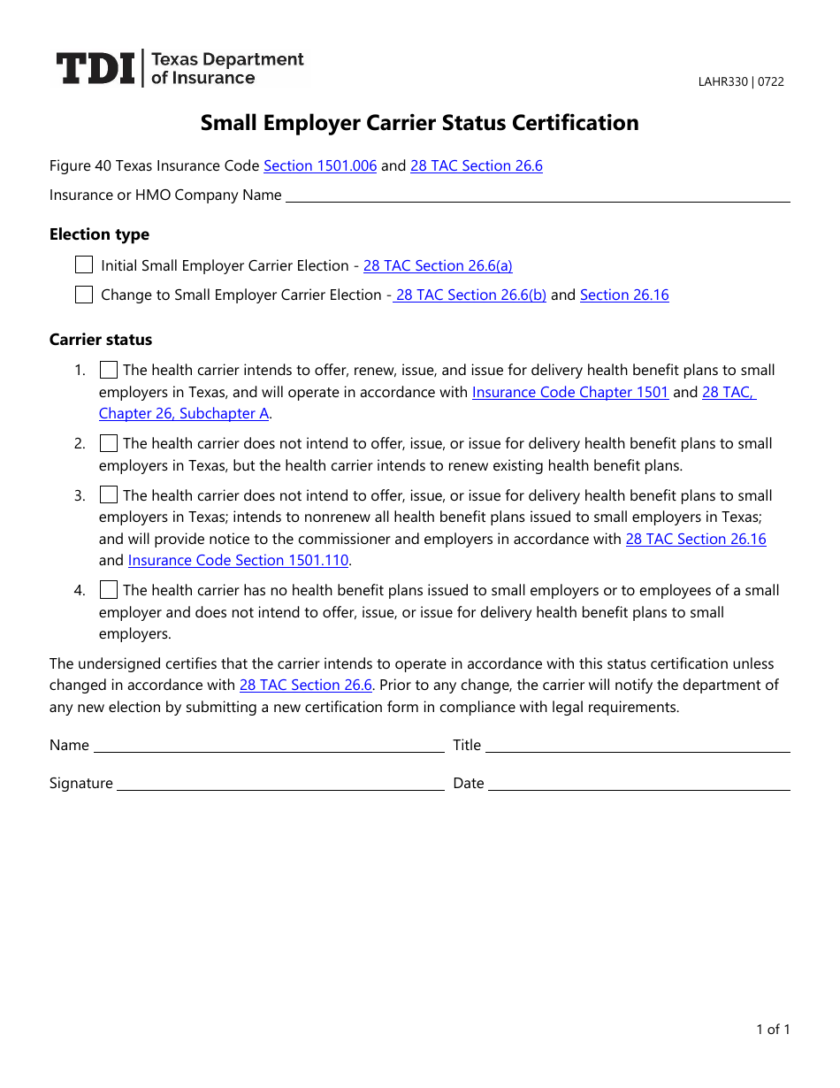 Form LAHR330 Small Employer Carrier Status Certification - Texas, Page 1