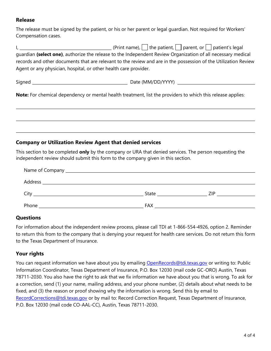 Form LHL009 Request for a Review by an Independent Review Organization (Iro) - Texas, Page 4