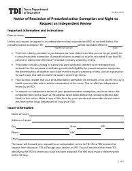 Document preview: Form LHL011 Notice of Rescission of Preauthorization Exemption and Right to Request an Independent Review - Texas