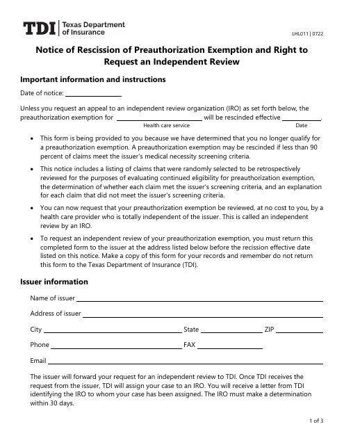 Form LHL011  Printable Pdf