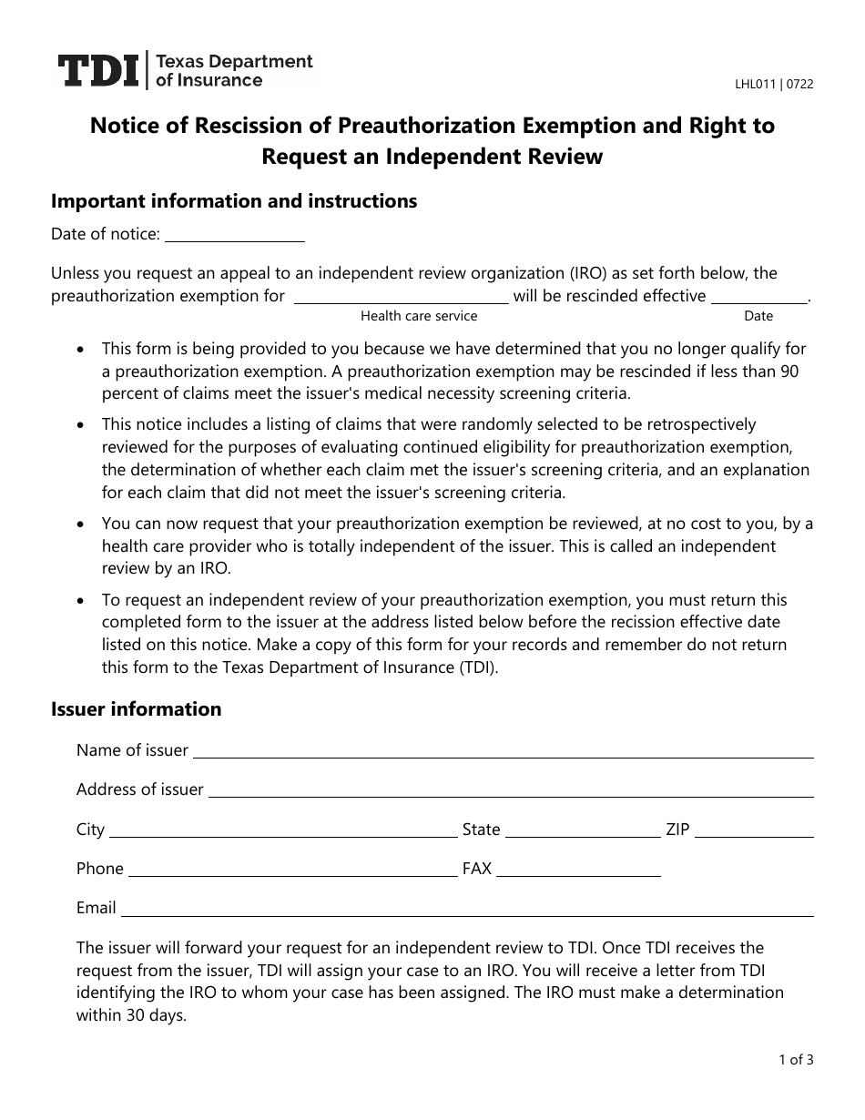 Form LHL011 Notice of Rescission of Preauthorization Exemption and Right to Request an Independent Review - Texas, Page 1