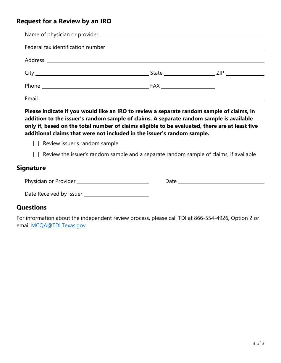 Form LHL011 Notice of Rescission of Preauthorization Exemption and Right to Request an Independent Review - Texas, Page 3