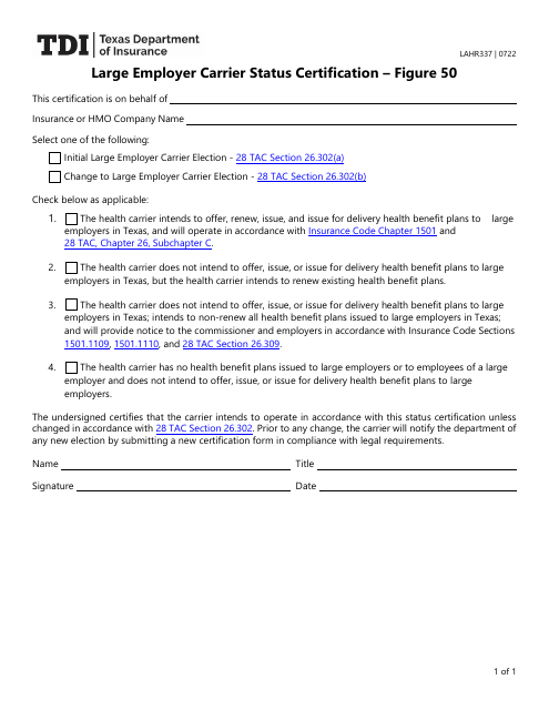 Form LAHR337 Large Employer Carrier Status Certification - Figure 50 - Texas