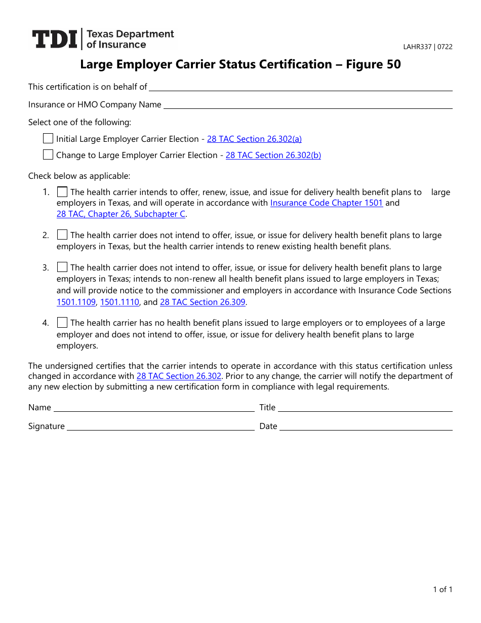 Form LAHR337 Large Employer Carrier Status Certification - Figure 50 - Texas, Page 1