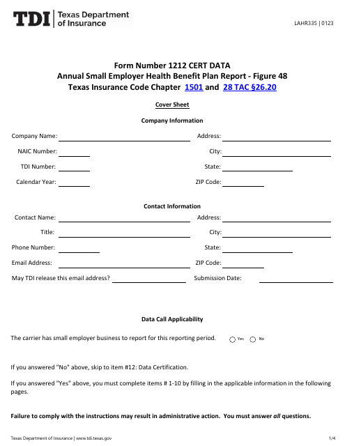 Form LAHR335 (1212 CERT DATA) Annual Small Employer Health Benefit Plan Report - Texas