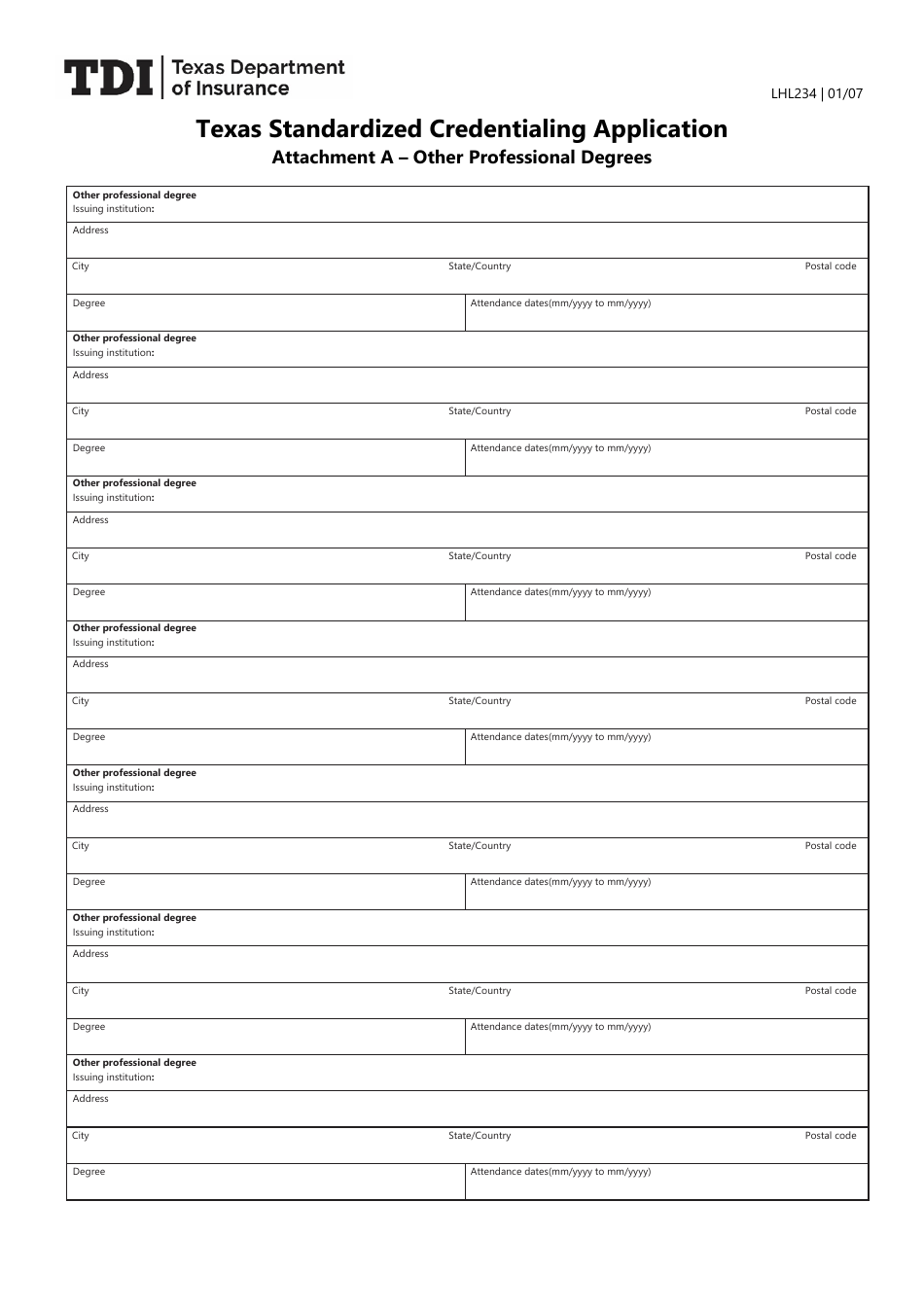 Form LHL234 Attachment A Texas Standardized Credentialing Application - Other Professional Degrees - Texas, Page 1