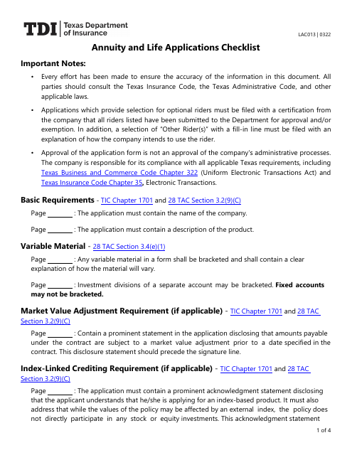 Form LAC013  Printable Pdf