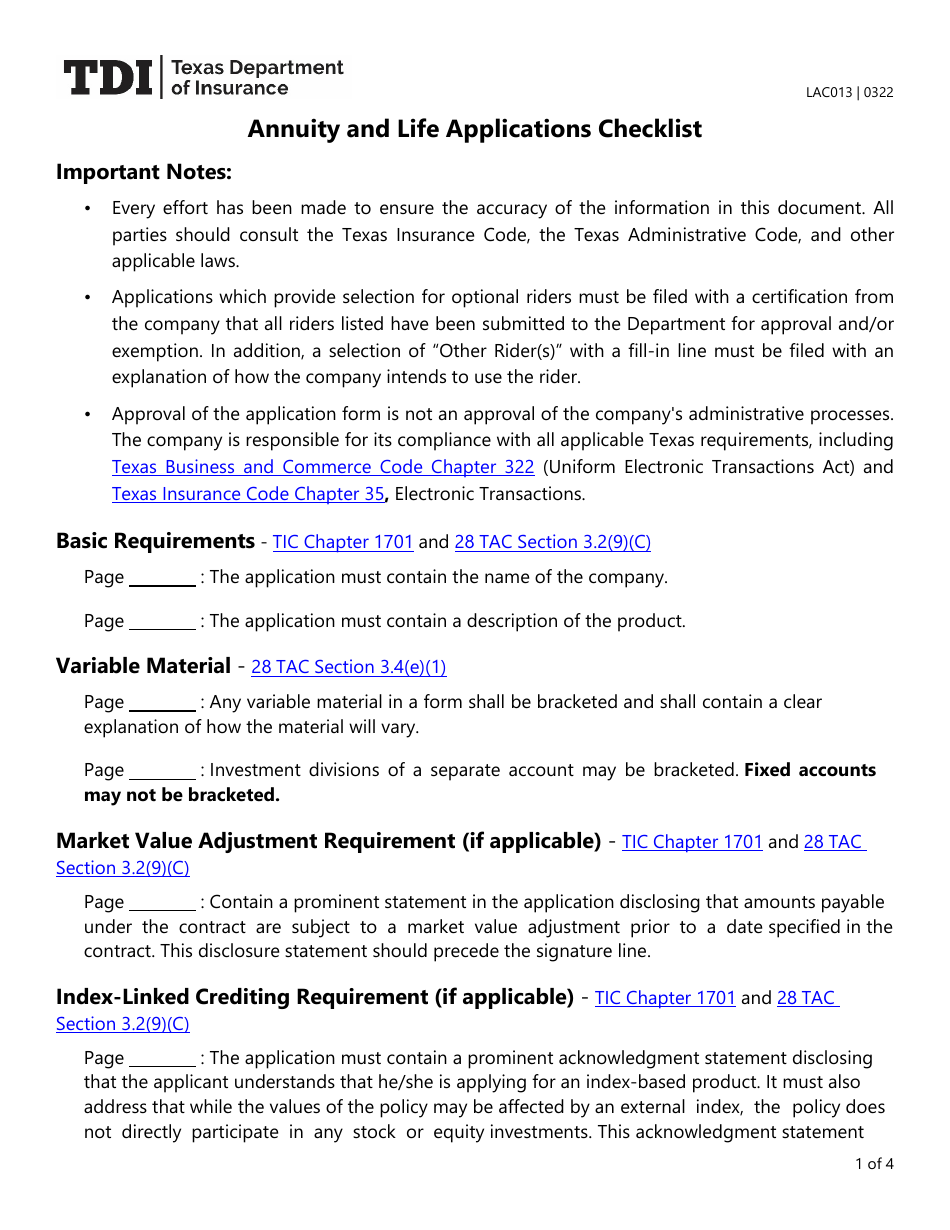 Form LAC013 Annuity and Life Applications Checklist - Texas, Page 1