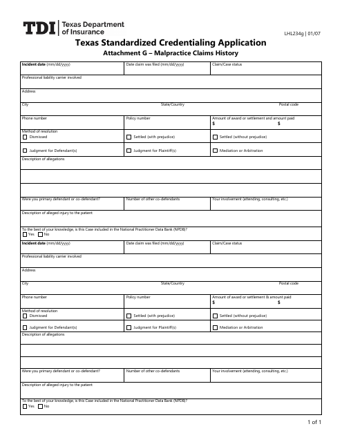 Form LHL234G Attachment G Texas Standardized Credentialing Application - Malpractice Claims History - Texas