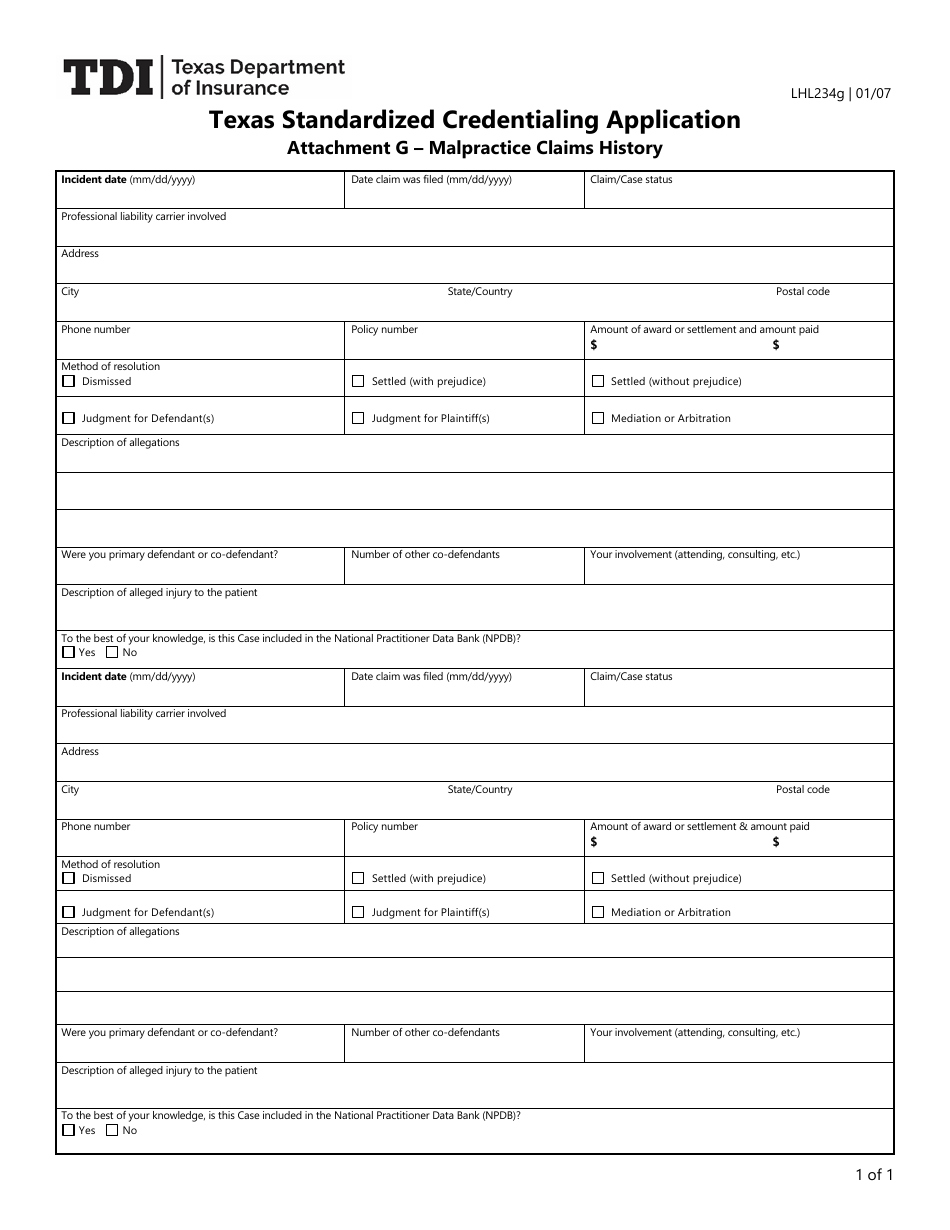 Form LHL234G Attachment G Texas Standardized Credentialing Application - Malpractice Claims History - Texas, Page 1