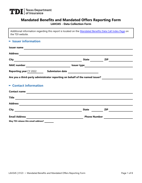 Form LAH345 Mandated Benefits and Mandated Offers Reporting Form - Texas