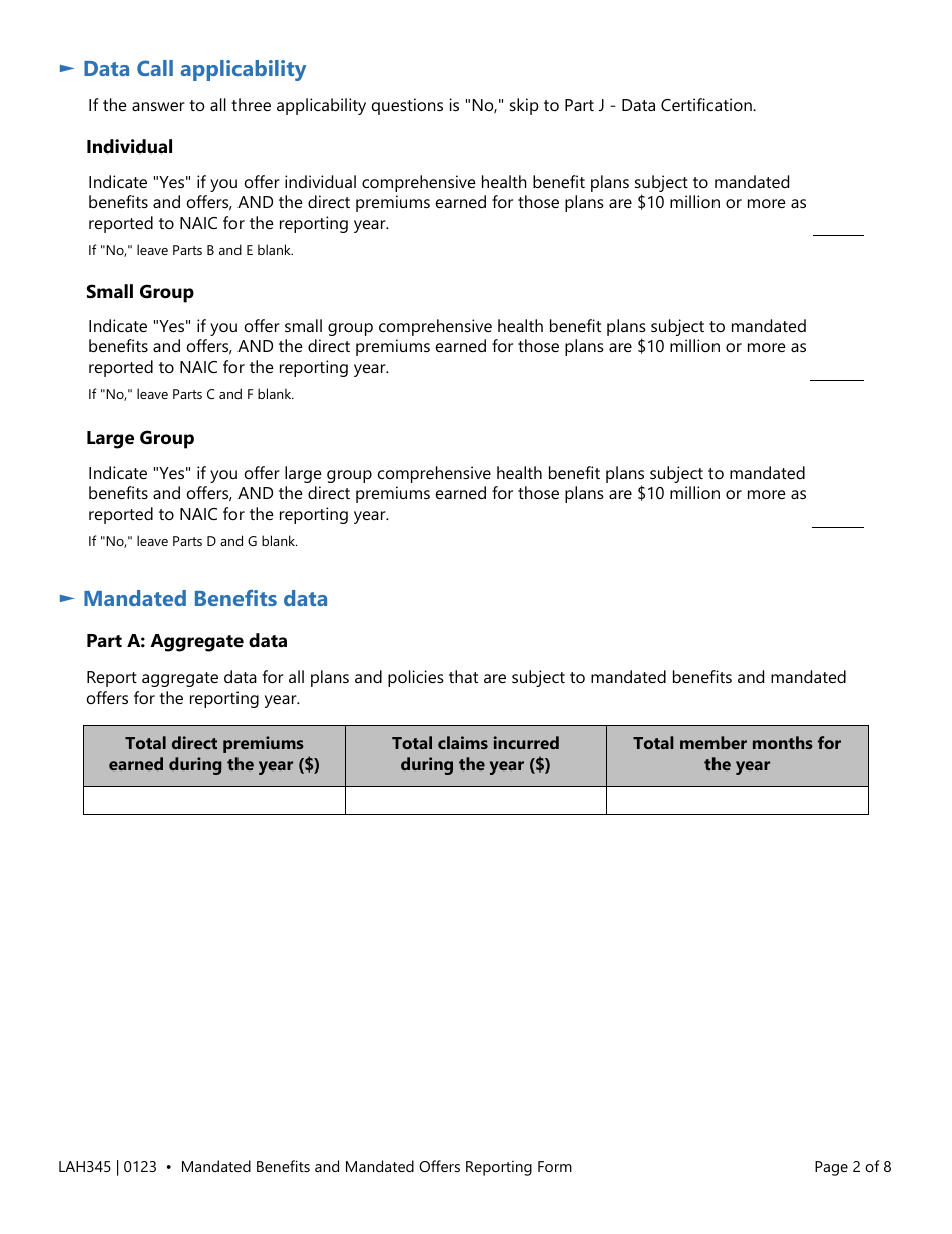 Form LAH345 Mandated Benefits and Mandated Offers Reporting Form - Texas, Page 2