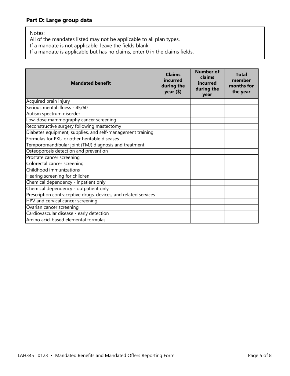 Form LAH345 Mandated Benefits and Mandated Offers Reporting Form - Texas, Page 5