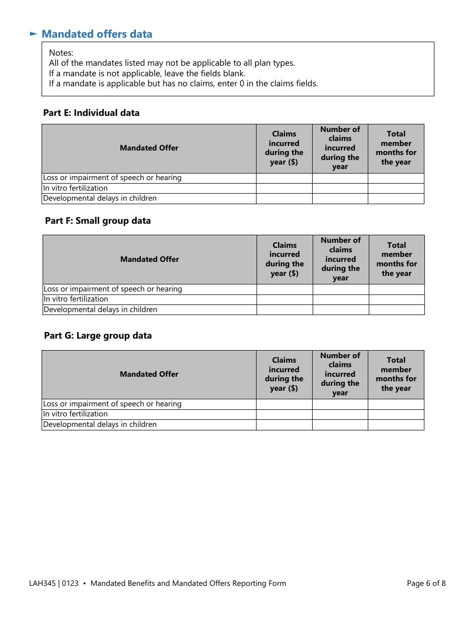Form LAH345 Mandated Benefits and Mandated Offers Reporting Form - Texas, Page 6
