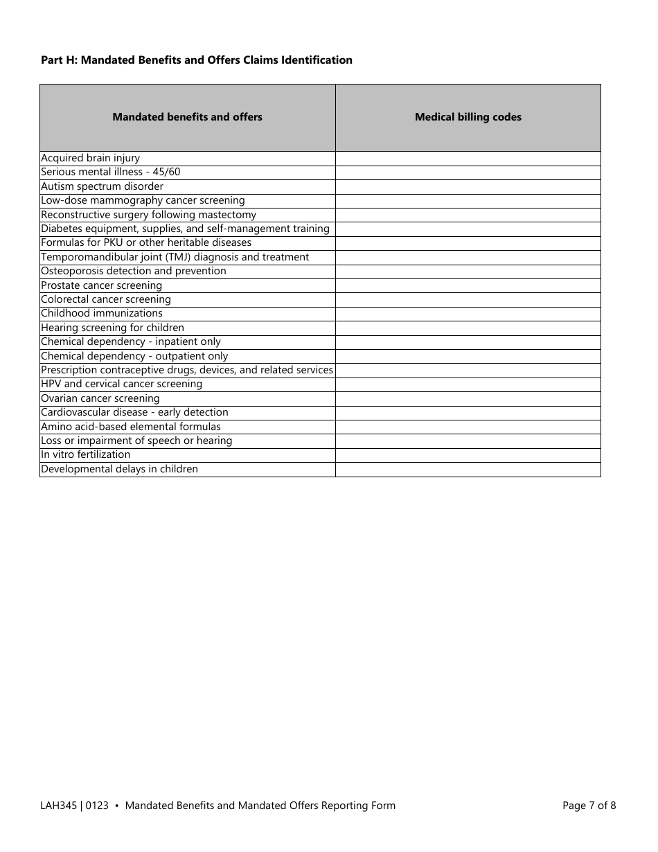 Form LAH345 Mandated Benefits and Mandated Offers Reporting Form - Texas, Page 7