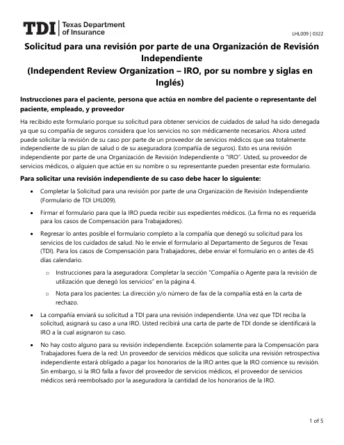Formulario LHL009 Solicitud Para Una Revision Por Parte De Una Organizacion De Revision Independiente - Texas (Spanish)