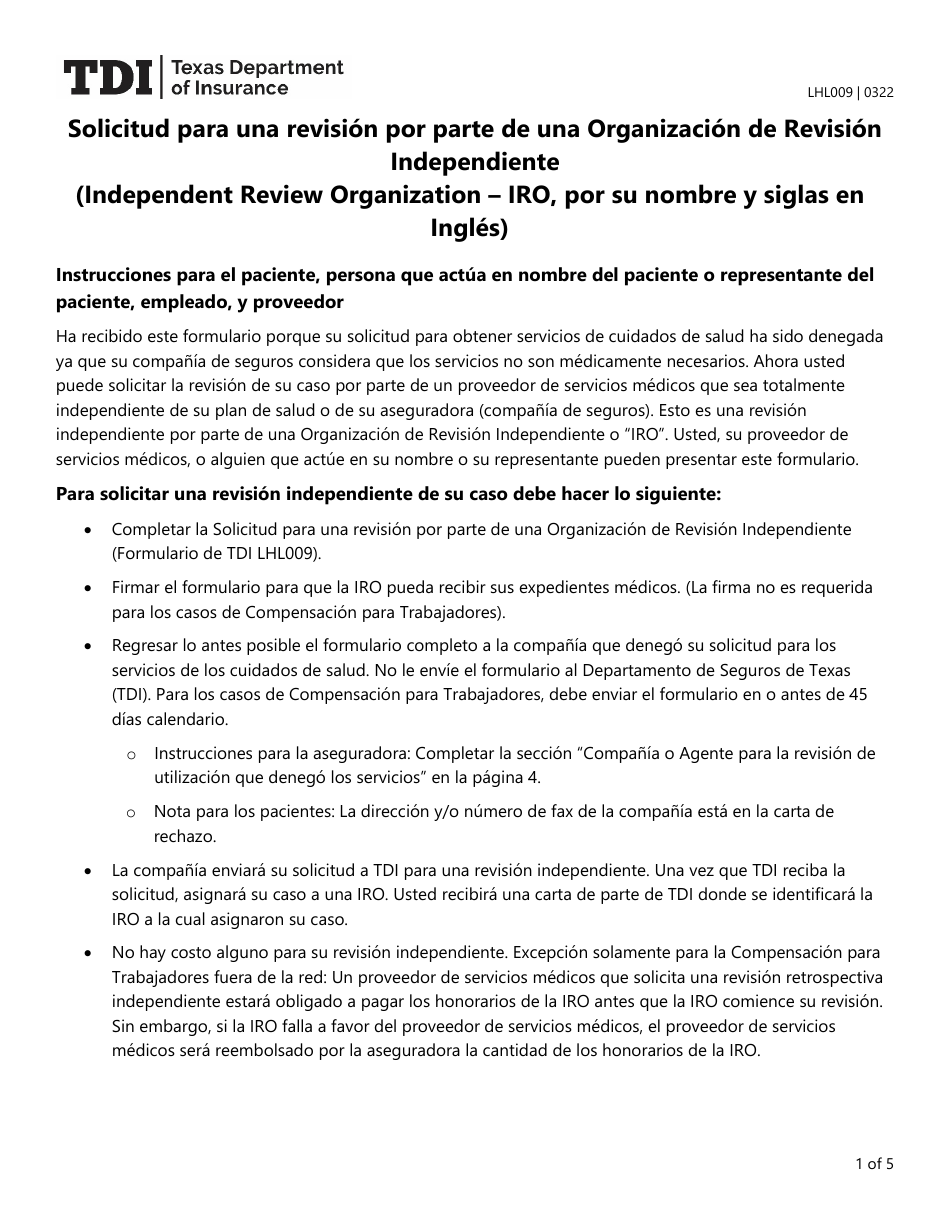 Formulario LHL009 Solicitud Para Una Revision Por Parte De Una Organizacion De Revision Independiente - Texas (Spanish), Page 1