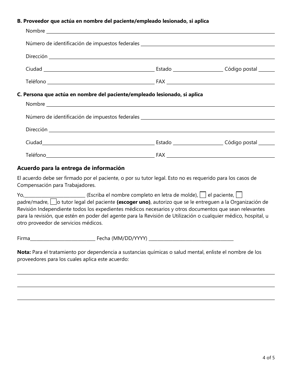 Formulario LHL009 Solicitud Para Una Revision Por Parte De Una Organizacion De Revision Independiente - Texas (Spanish), Page 4