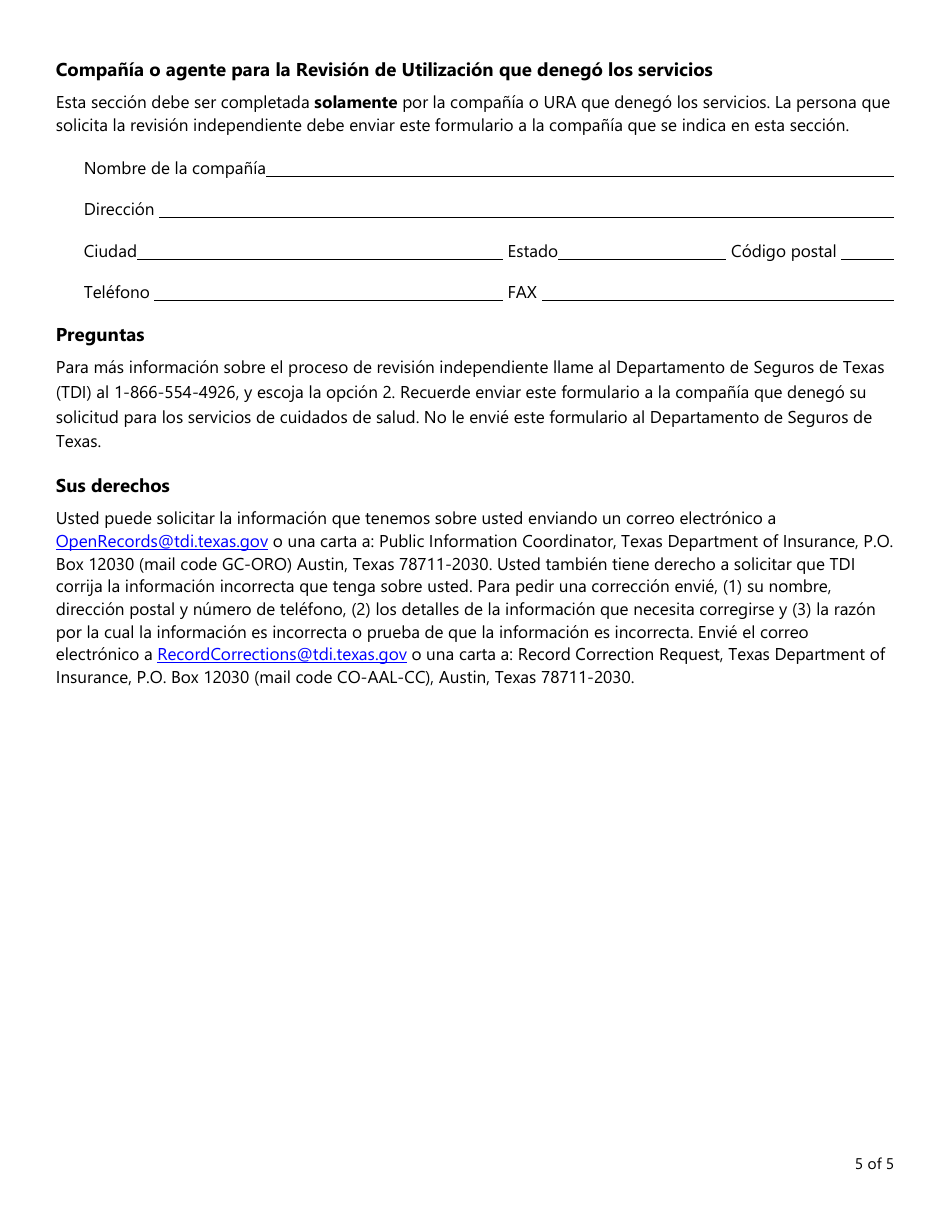 Formulario LHL009 Solicitud Para Una Revision Por Parte De Una Organizacion De Revision Independiente - Texas (Spanish), Page 5