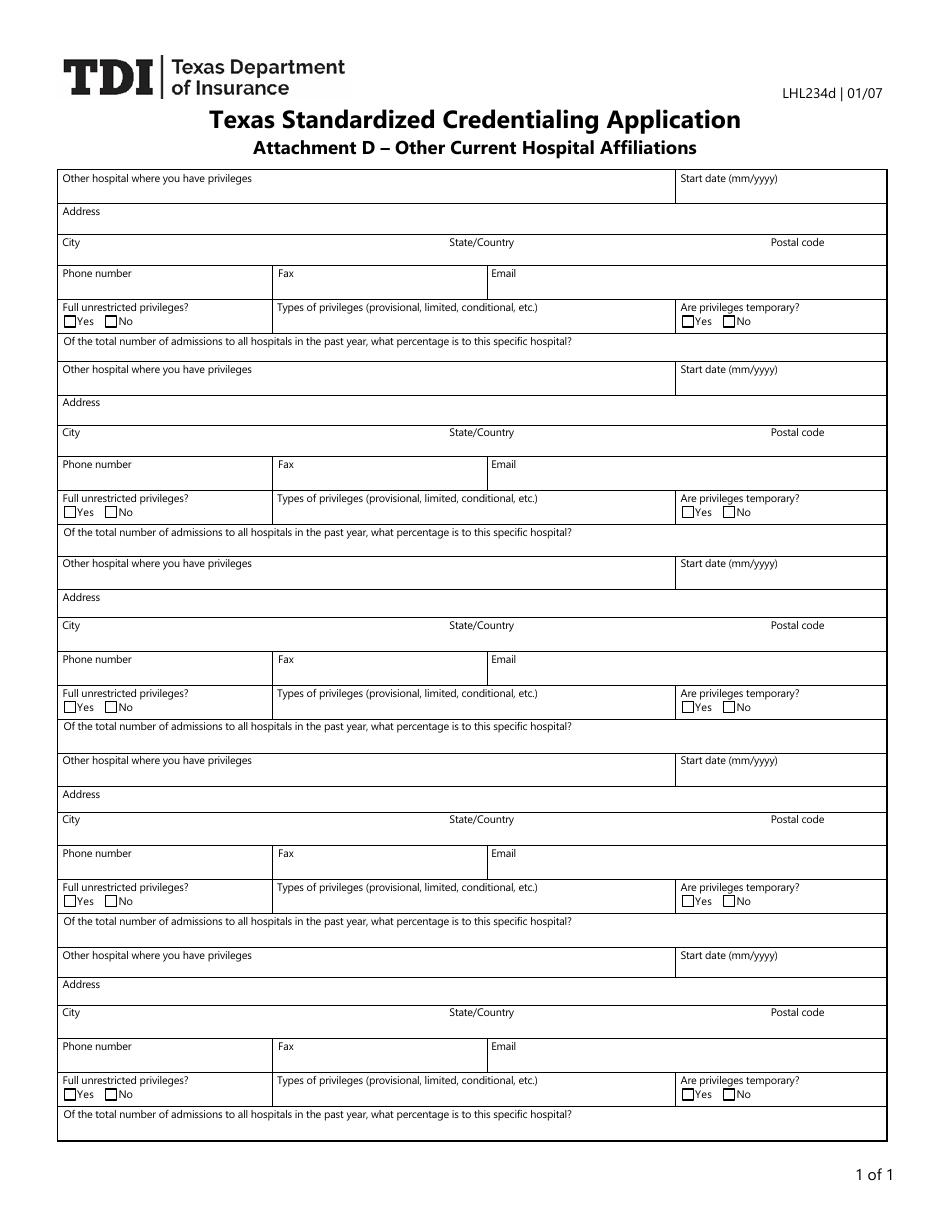 Form LHL234D Attachment D Texas Standardized Credentialing Application - Other Current Hospital Affiliations - Texas, Page 1