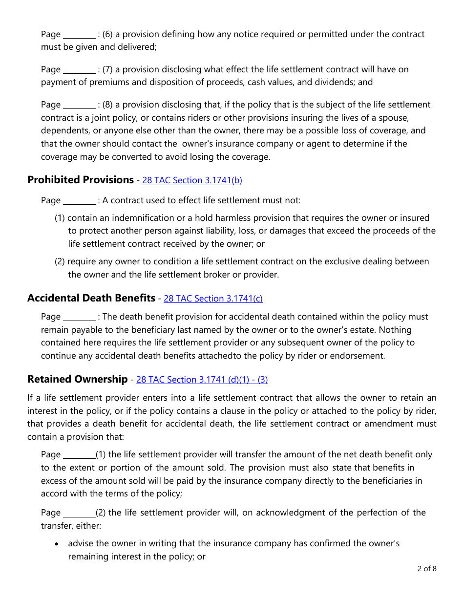 Form LAC026 Life Settlement Forms Checklist - Texas, Page 2