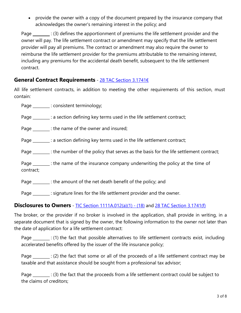 Form LAC026 Life Settlement Forms Checklist - Texas, Page 3