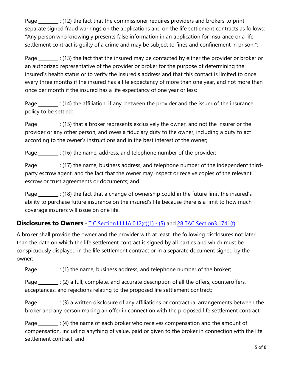 Form LAC026 Life Settlement Forms Checklist - Texas, Page 5