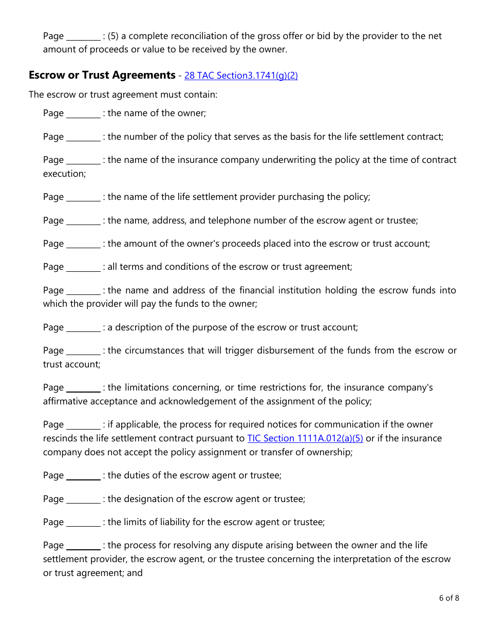 Form LAC026 Life Settlement Forms Checklist - Texas, Page 6