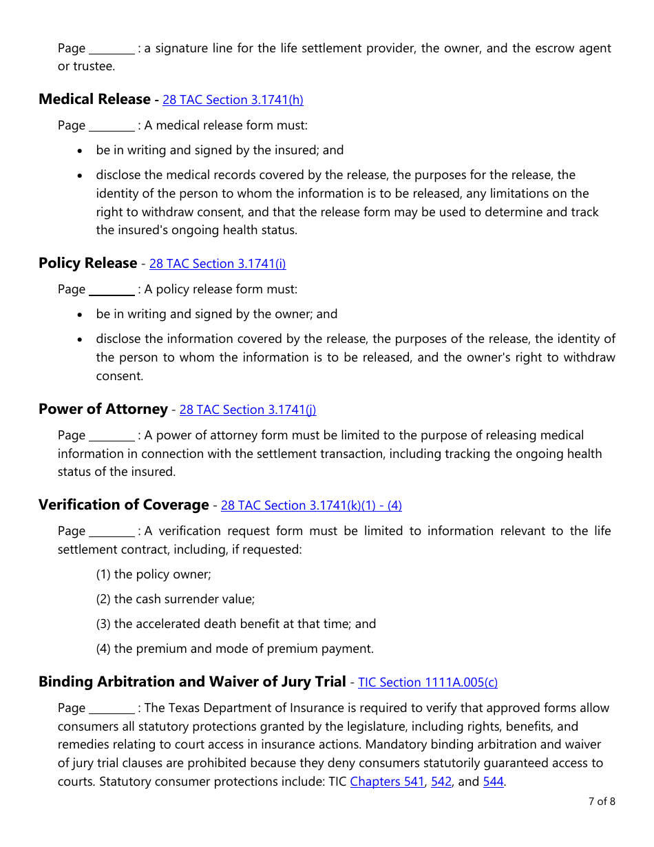 Form LAC026 Life Settlement Forms Checklist - Texas, Page 7