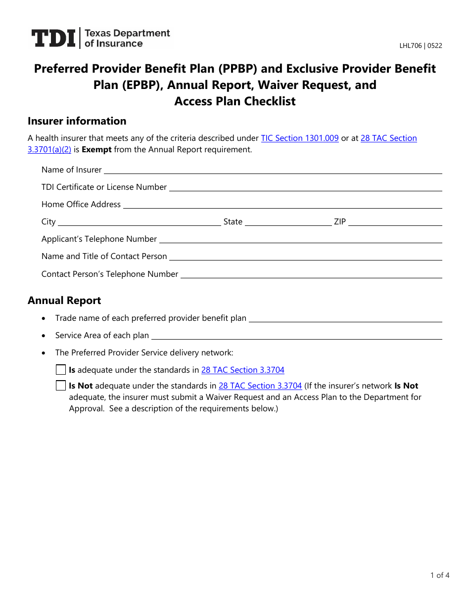Form LHL706 Preferred Provider Benefit Plan (Ppbp) and Exclusive Provider Benefit Plan (Epbp), Annual Report, Waiver Request, and Access Plan Checklist - Texas, Page 1