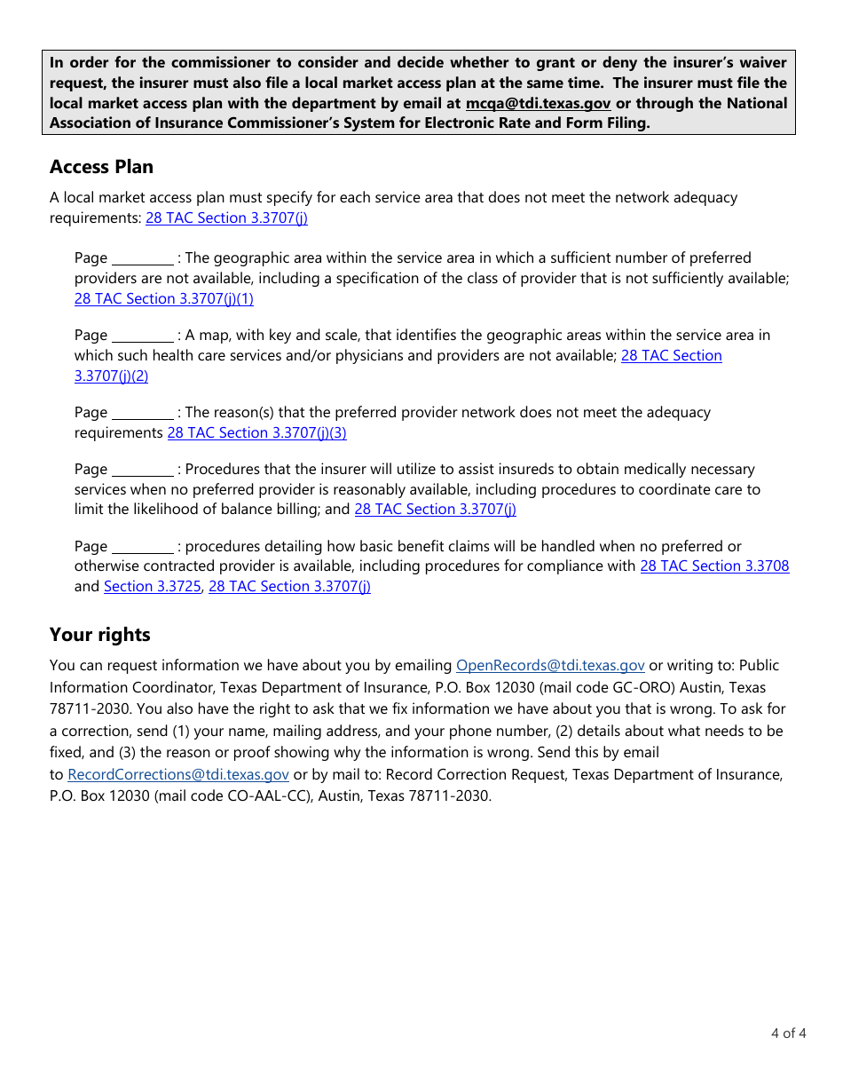 Form LHL706 Preferred Provider Benefit Plan (Ppbp) and Exclusive Provider Benefit Plan (Epbp), Annual Report, Waiver Request, and Access Plan Checklist - Texas, Page 4