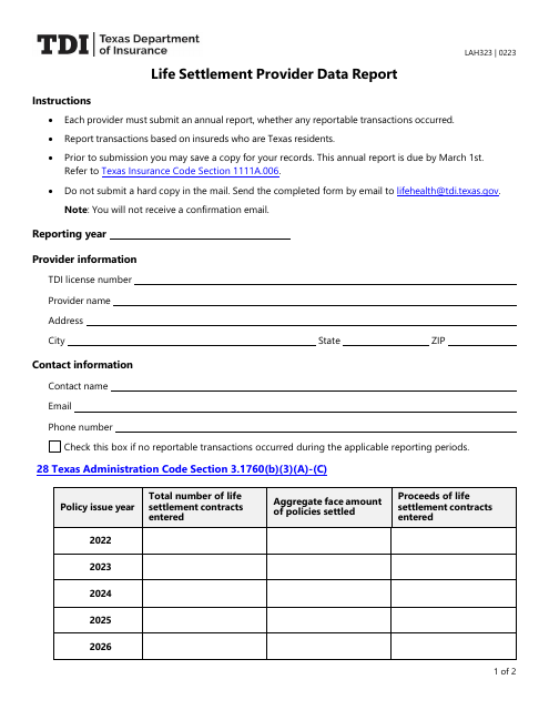 Form LAH323 Life Settlement Provider Data Report - Texas
