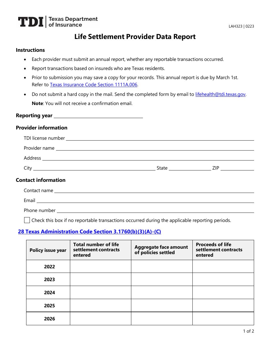 Form LAH323 Life Settlement Provider Data Report - Texas, Page 1