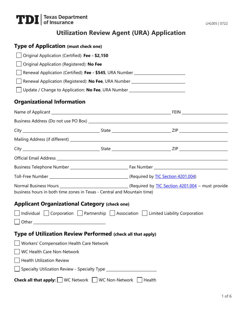 Form LHL005 Utilization Review Agent (Ura) Application - Texas, Page 1