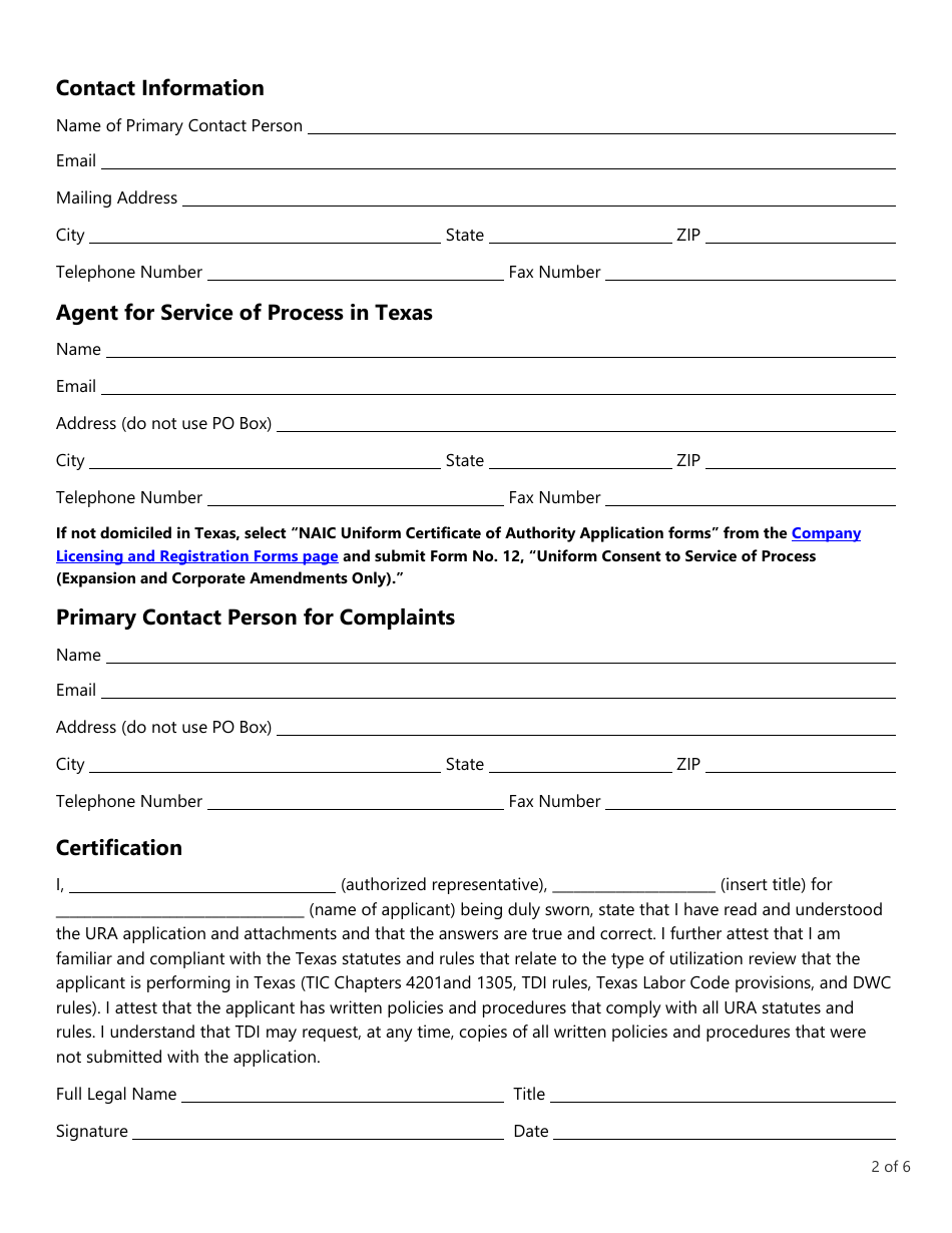 Form LHL005 Utilization Review Agent (Ura) Application - Texas, Page 2