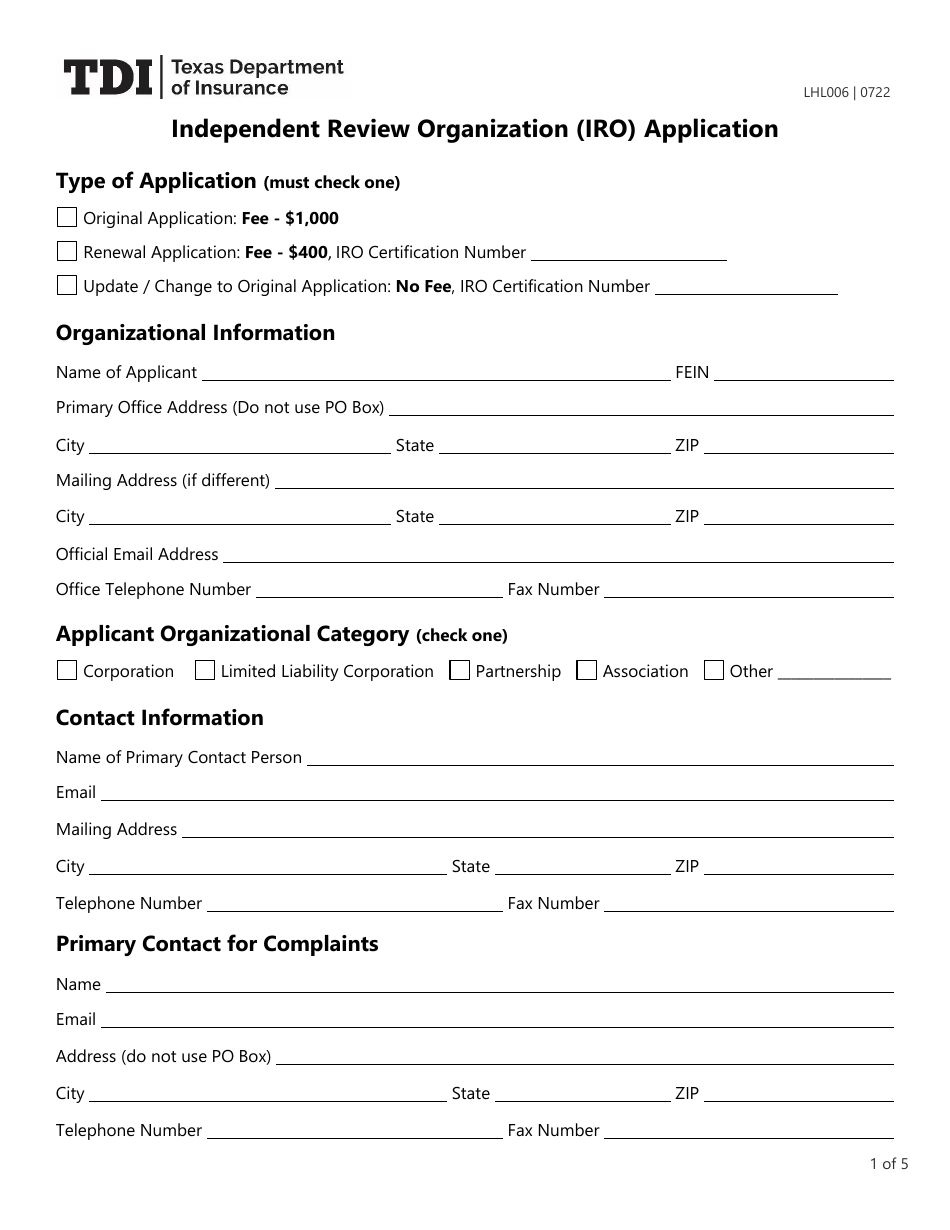 Form LHL006 Independent Review Organization (Iro) Application - Texas, Page 1