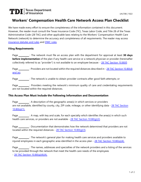 Form LHL708 Workers' Compensation Health Care Network Access Plan Checklist - Texas