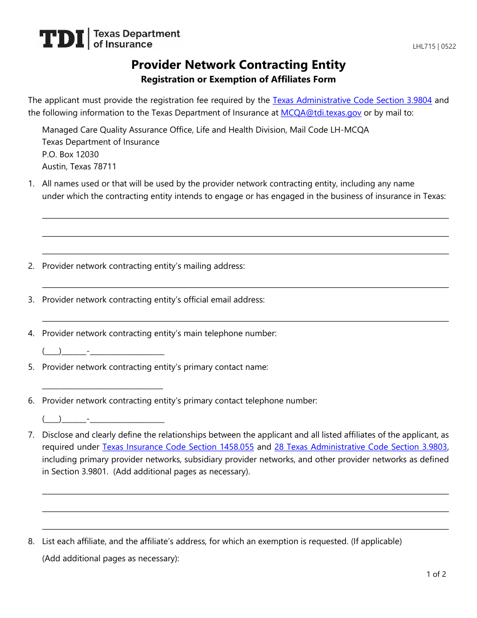 Form LHL715 Provider Network Contracting Entity Registration or Exemption of Affiliates Form - Texas, Page 1