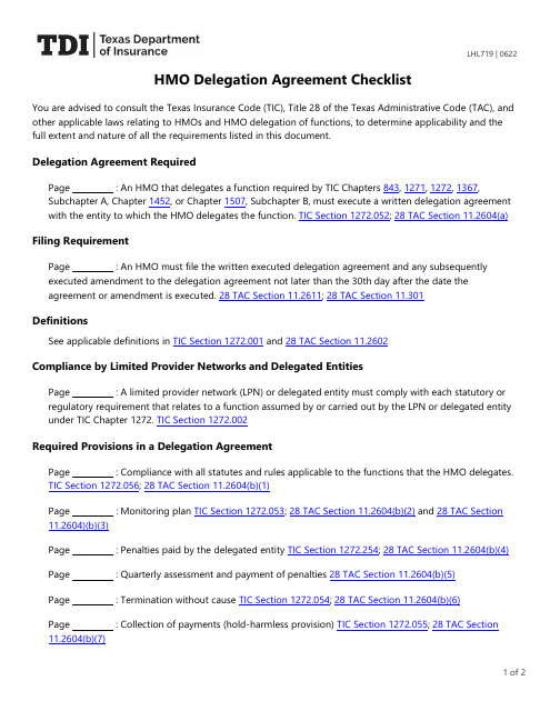 Form LHL719 HMO Delegation Agreement Checklist - Texas