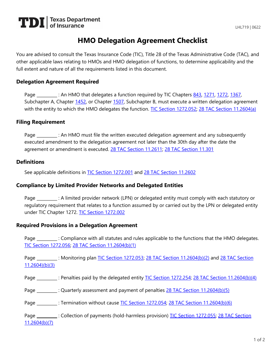Form LHL719 HMO Delegation Agreement Checklist - Texas, Page 1