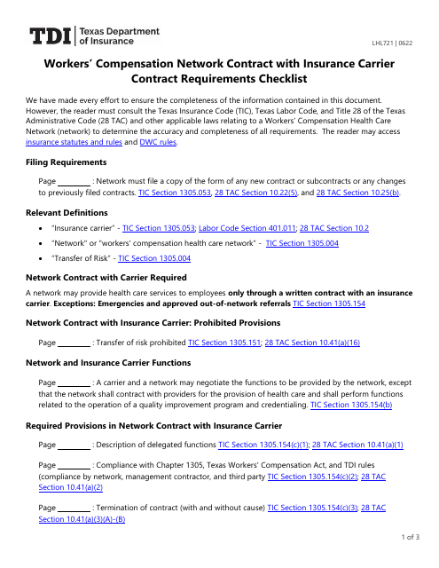 Form LHL721 Workers' Compensation Network Contract With Insurance Carrier Contract Requirements Checklist - Texas