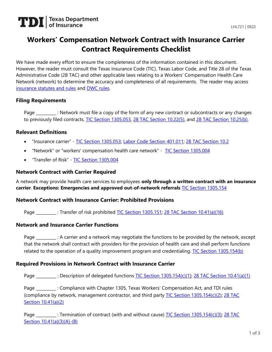 Form LHL721 Workers Compensation Network Contract With Insurance Carrier Contract Requirements Checklist - Texas, Page 1