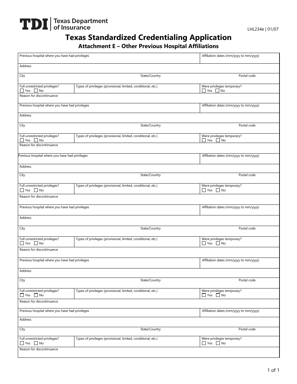 Form LHL234E Attachment E Texas Standardized Credentialing Application - Other Previous Hospital Affiliations - Texas, Page 1