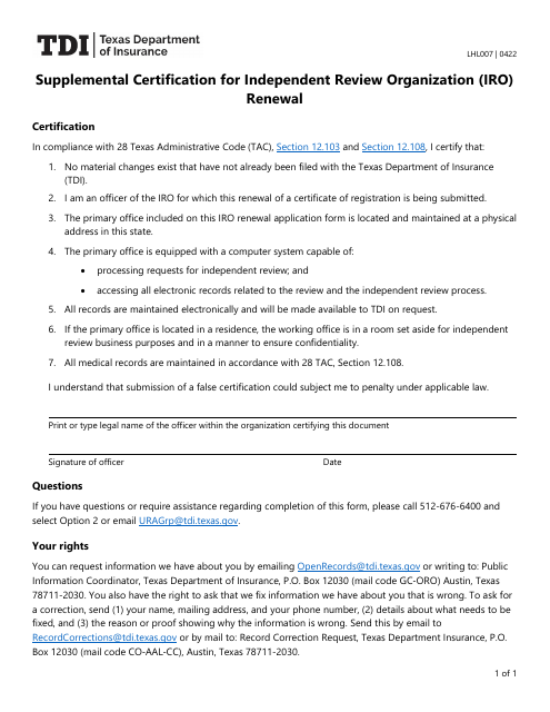 Form LHL007 Supplemental Certification for Independent Review Organization (Iro) Renewal - Texas
