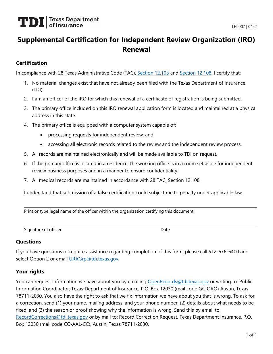 Form LHL007 Supplemental Certification for Independent Review Organization (Iro) Renewal - Texas, Page 1