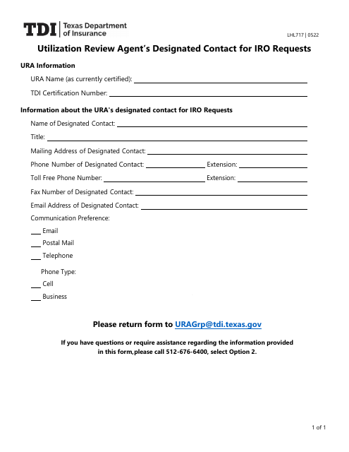 Form LHL717 Utilization Review Agent's Designated Contact for Iro Requests - Texas