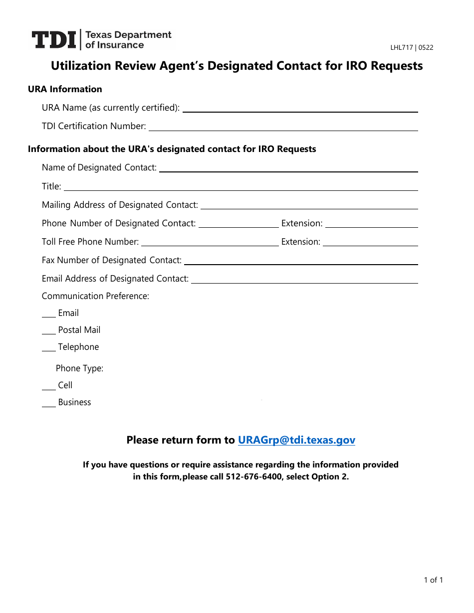 Form LHL717 Utilization Review Agents Designated Contact for Iro Requests - Texas, Page 1
