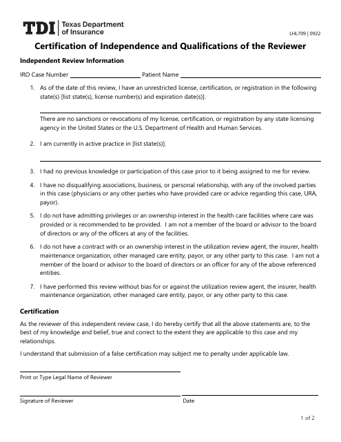 Form LHL709 Certification of Independence and Qualifications of the Reviewer - Texas